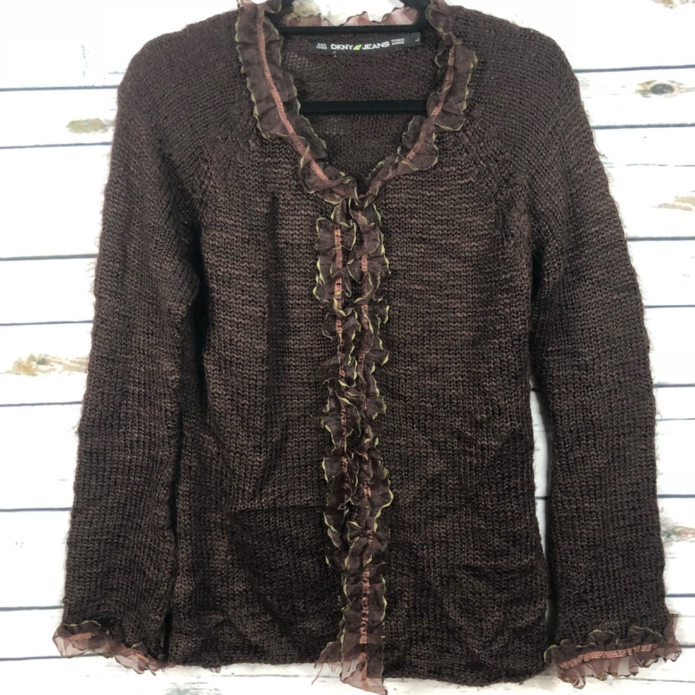 DKNY Jeans large brown cardigan lace sweater